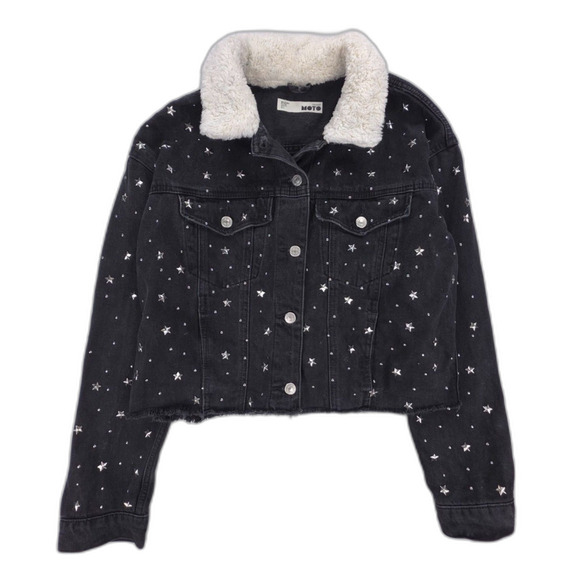 TOPSHOP Star Stud Denim Borg Jacket Fur Collar 90s Y2k Grunge Streetwear Indie - Picture 1 of 7